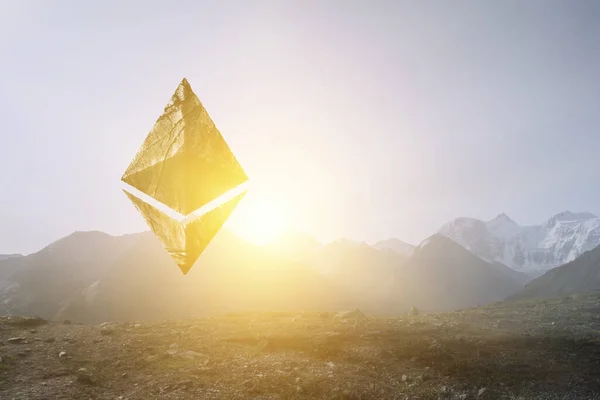 Ethereum-Symbol auf Landschaftshintergrund — Stockfoto