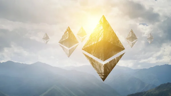 Ethereum symbols on landscape background — Stock Photo, Image