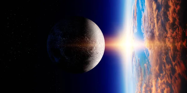 Terra e Lua com o nascer do sol — Fotografia de Stock