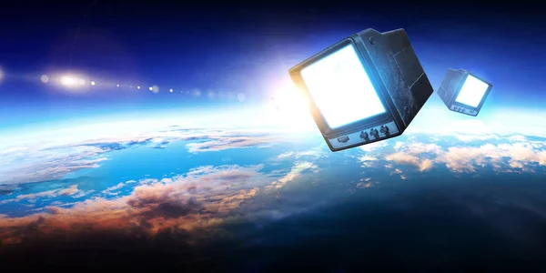 レトロなテレビが宇宙を飛ぶ — ストック写真