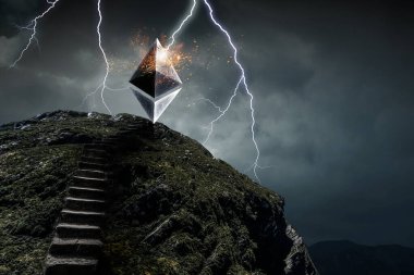 Fırtınalı gökyüzü arka planında Ethereum 'a giden merdiven