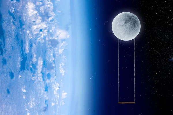 Země a měsíc v modrém prostoru — Stock fotografie
