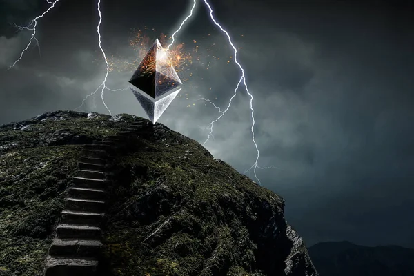 Escada para Ethereum no fundo do céu tempestuoso — Fotografia de Stock