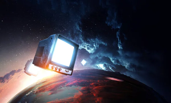 Retro TV flying in space — Stock Photo, Image