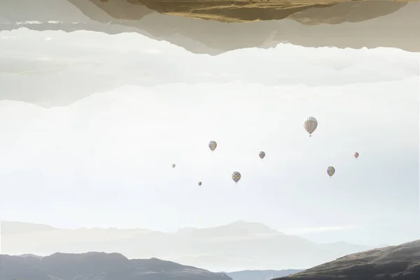 Abstract mountain landscape background and balloons — Stock Photo, Image