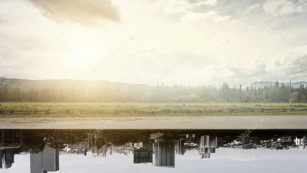 Country landscape upside down cityscape background