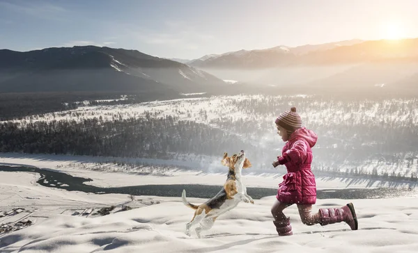 Tener diversión de invierno con su amigo mascota — Foto de Stock
