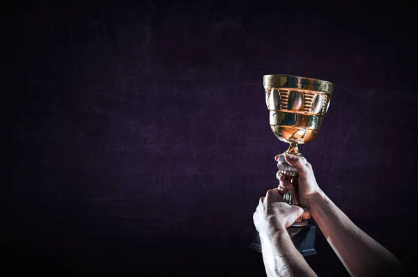 Hand holding up a gold trophy cup against dark background — Stock Photo, Image