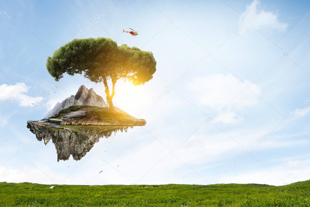 Landscape with mountain floating in the air