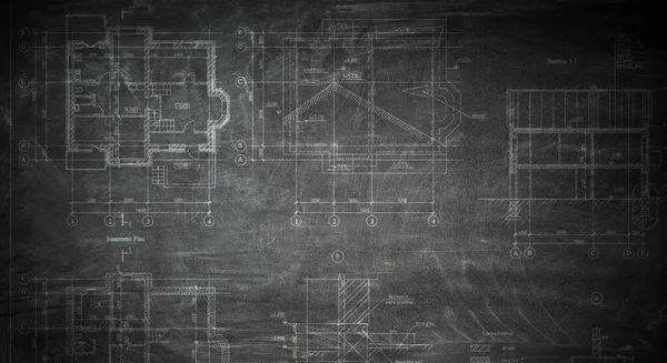 黑色板上的建筑草图。混合媒体 — 图库照片