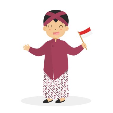 Jogjakarta geleneksel kıyafet giyen ve Endonezya bayrağı karikatür vektör tutan Endonezya çocuk