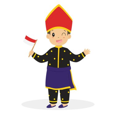 Batı Nusa Tenggara geleneksel kıyafet giyen ve Endonezya bayrağı karikatür vektör tutan mutlu Endonezya çocuk