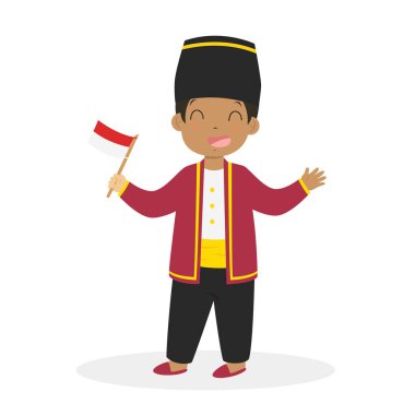 Kuzey Maluku geleneksel elbise giyen ve Endonezya bayrağı karikatür vektör tutan Endonezyalı çocuk