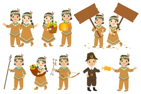 Thanksgiving Natives Couple Cartoon Character Vector Set Thanksgiving Holiday Natives — ストックベクタ