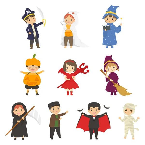 Set Simpatici Personaggi Halloween Vettore Bambini Felici Costume Halloween Set — Vettoriale Stock