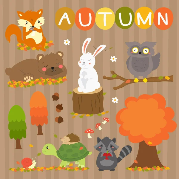 Bonito Outono Animais Coleção Vetorial Temporada Outono Animais —  Vetores de Stock