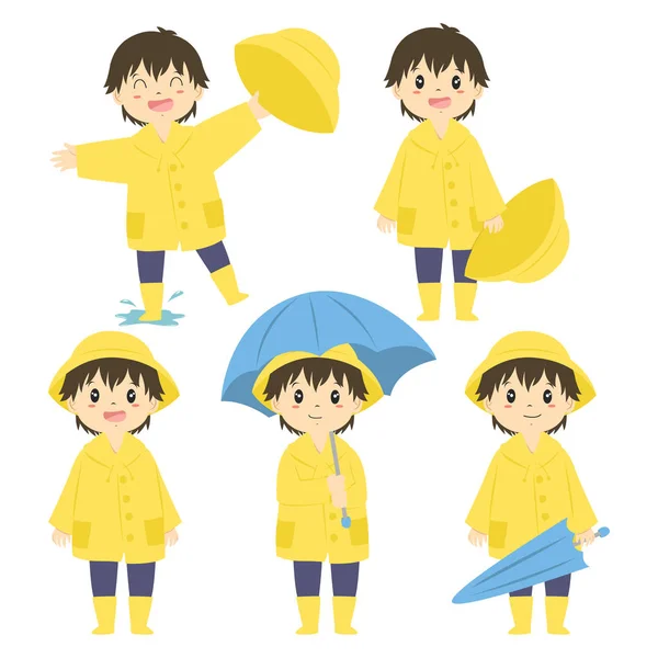 Cute Little Boy Yellow Raincoat Holding Blue Umbrella Cartoon Vector — Stock Vector