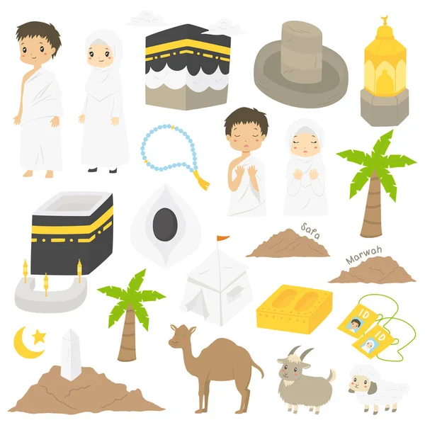 Müslüman Hac ve Umrah vektör koleksiyonu. Hac ve umrah karakterleri ve vektör illüstrasyonları