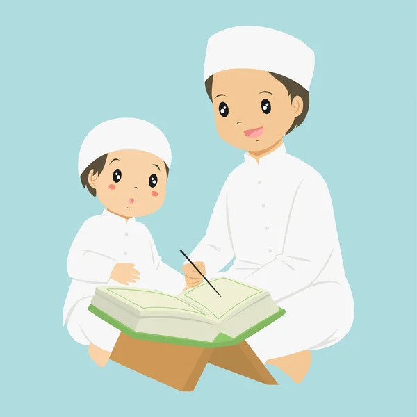 Seorang Pria Mengajarkan Seorang Anak Muda Untuk Membaca Quran Vektor - Stok Vektor