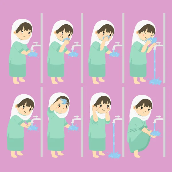 Muslim Girl Perform Ablution Steps Clean Self Prayer Shalat Ablution — Stock Vector