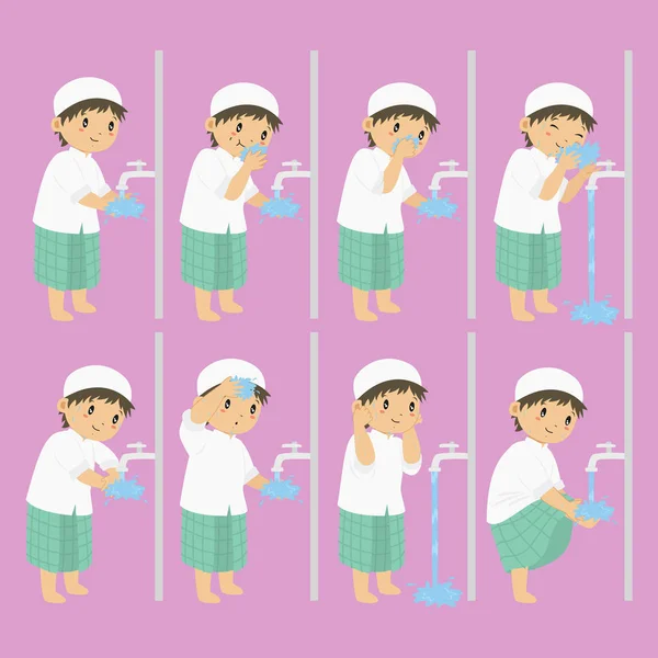 Muslim Boy Perform Ablution Steps Clean Self Prayer Shalat Ablution — Stock Vector