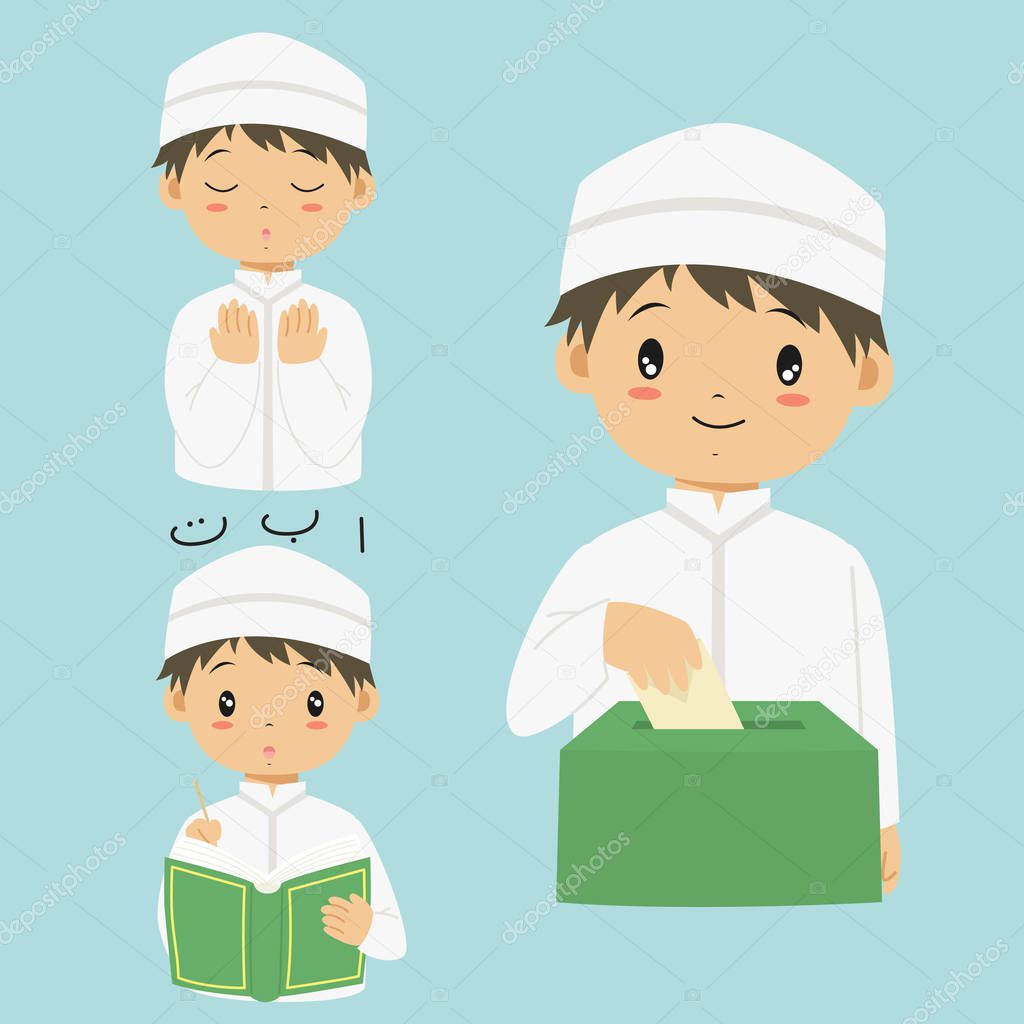 Muslim kids cartoon vector set. Muslim boy praying, reading Quran, and giving sadaqah or charity