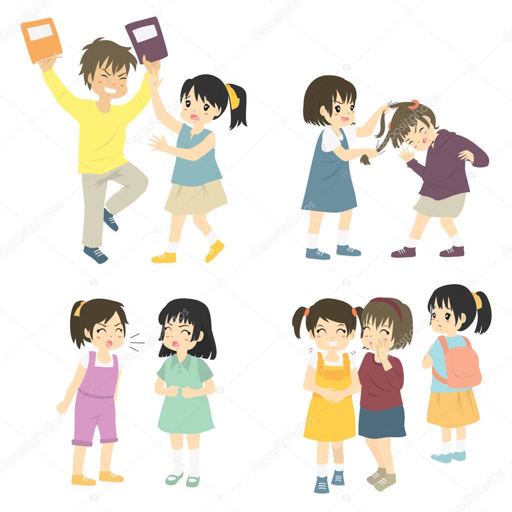 Set of naughty kids bullying others. fighting kids and naughty kids vector set