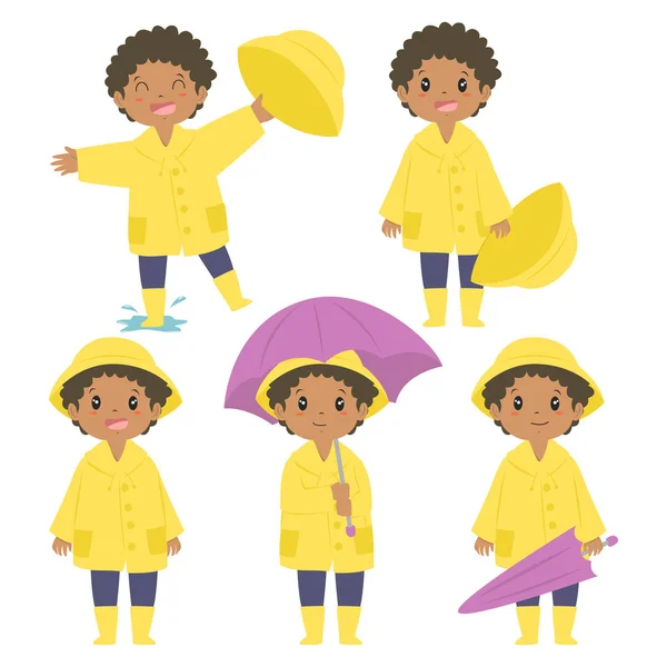 Cute African American Little Boy Yellow Raincoat Holding Purple Umbrella — Stock Vector