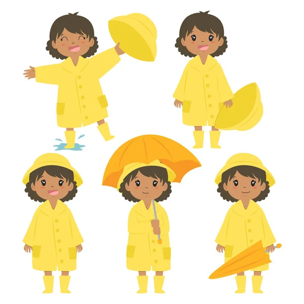 Cute African American Little Girl Yellow Raincoat Holding Orange Umbrella — Stock Vector
