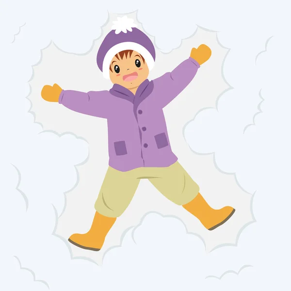 快乐的男孩躺在雪地里 上下摆动着他的胳膊和腿 制作雪天使的男孩 卡通人物 — 图库矢量图片