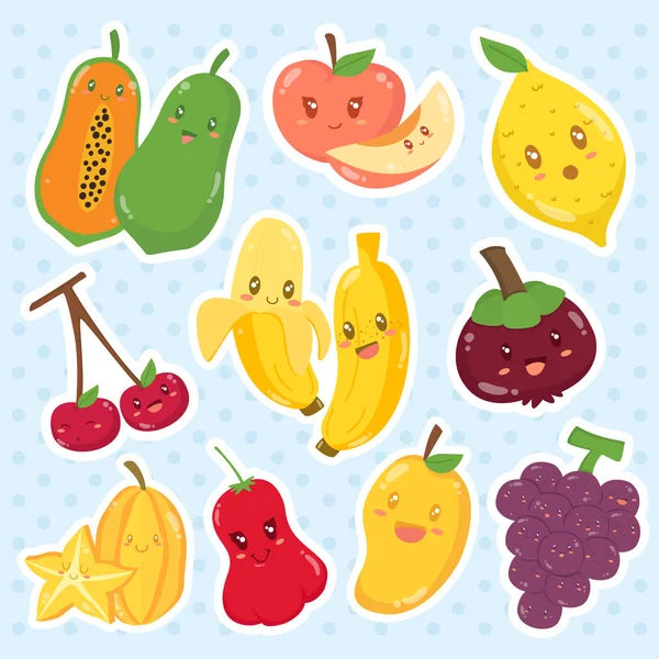 Conjunto Frutas Bonitos Adesivo Vetor Desenhos Animados Com Rostos Felizes — Vetor de Stock