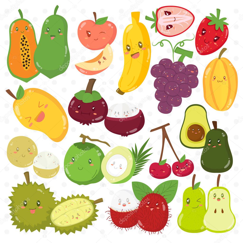 Set of cute fruits with happy faces cartoon vector. Fruits with different expressions