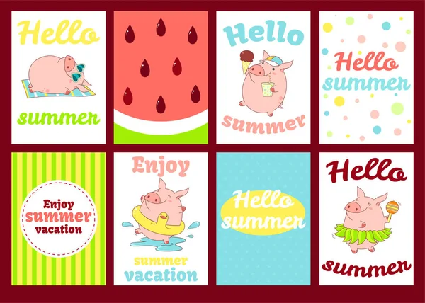 Hello Summer Set Summertime Banner Posters Flyer Placard Cute Pig — Stock Vector