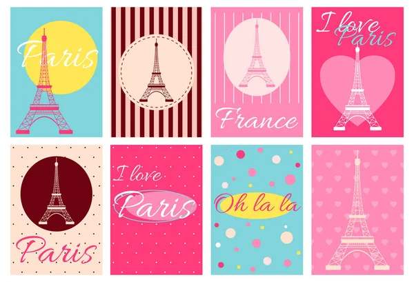 Paris seviyorum. Tatil afiş, el ilanı, afiş kümesi Eyfel Kulesi ve yazıtlar retro tarzı. Vintage Etiket scrapbooking için. Vektör şablon kartı tebrik, dekorasyon, davet için. Eps8