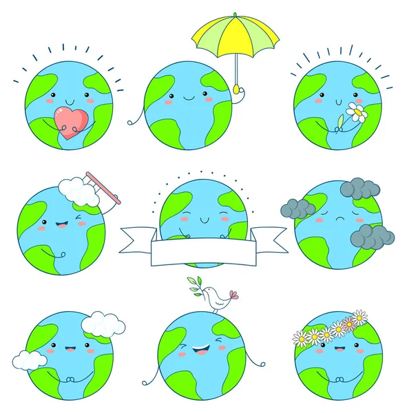 一套可爱的地球图标可爱的风格与微笑的脸和粉红色的脸颊 有伞的行星 Eps8 — 图库矢量图片