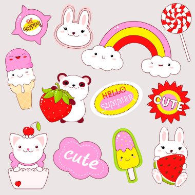Kawaii tarzı sevimli simgeler kümesi. Panda wuth çilek, karpuz, dondurma, gökkuşağı, kedi, sopa ile yazıt şirin, Merhaba yaz, tavşanın mutlu olmak. Eps8