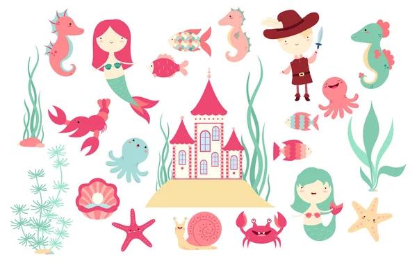 Set Cute Fairy Tale Characters Mermaid Fish Octopus Crab Castle — Stock Vector