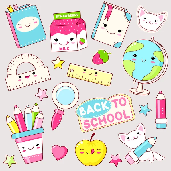 Back School Vector Set Education Icons Kawaii Style Cat Pencil — Stock Vector