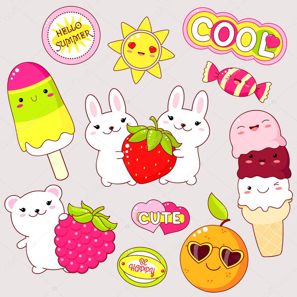 Set of cute icons in kawaii style. Bunny wuth strawberry, bear with raspberry, ice cream, sun, orange in sunglasses, candy, sticker with inscription cute, hello summer, be happy, cool. EPS8