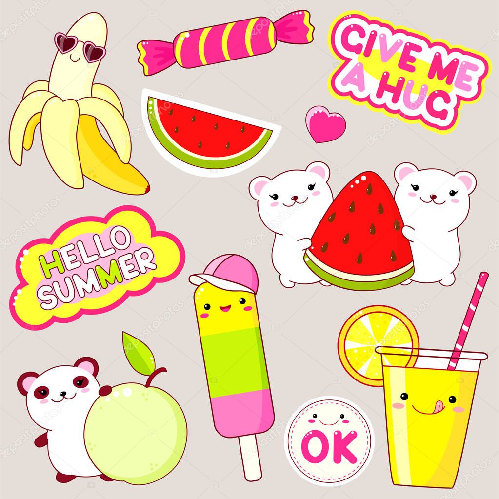 Set of cute icons in kawaii style. Panda with apple, polar bears with watermelon, ice cream, banana in sunglasses, candy, glass of juice, sticker with inscription ok, hello summer, give me a hug. EPS8