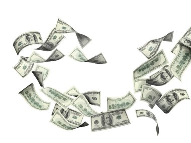 Yüz dolarlık banknotlar uçan. Beyaz arka plan üzerinde izole. 3D render