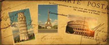 Vintage seyahat Avrupa yerlerinden retro fotoğraflarla arka plan. Eyfel Kulesi Paris, Pisa Kulesi, Kolezyum, Roma. Eski kağıt dokusu ile kartpostallar