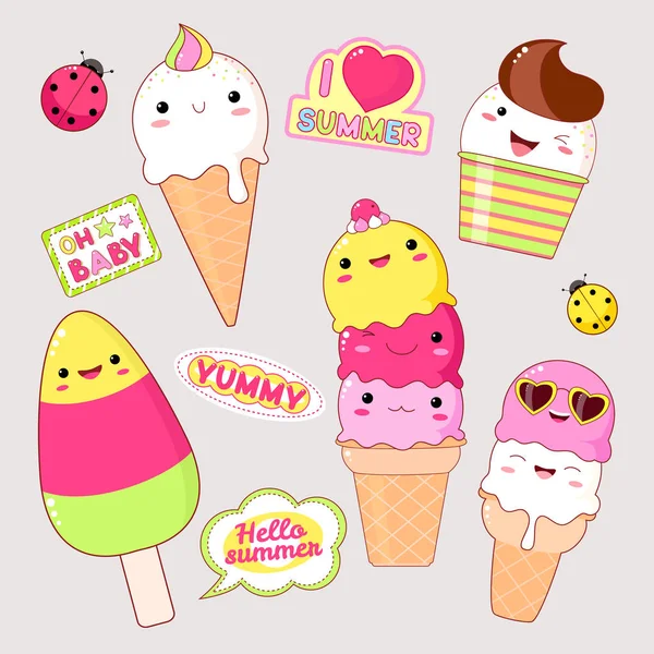 一套可爱的冰淇淋图标可爱的风格与微笑的脸和粉红色的脸颊 贴着碑文的美味 你好夏天 我爱夏天 哦宝贝 Eps8 — 图库矢量图片