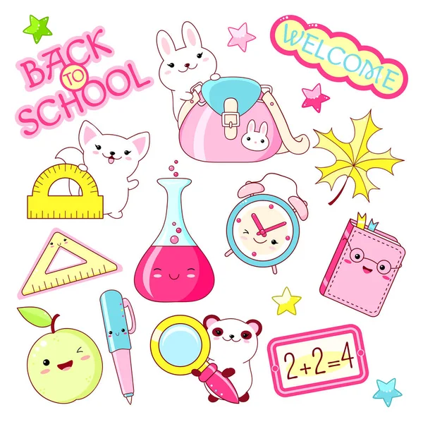 Back School Vector Set Education Icons Kawaii Style Bunny Bag — Stock Vector