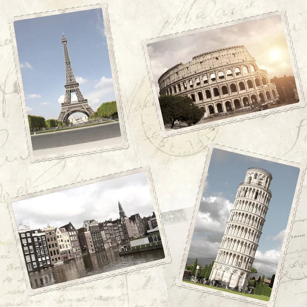 Vintage Travel Background Retro Photos European Landmarks Eiffel Tower Paris — Stock Photo, Image