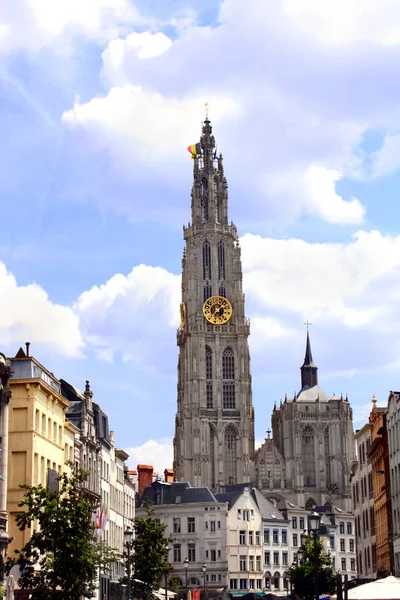 Знаменитої Вулиці Меїр Баштою Собору Богоматері Антверпен Бельгія Європа — стокове фото