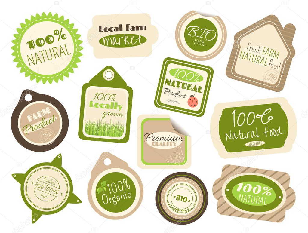 Set of labels and stickers in retro style with letterings for farm food shops. Eco and bio concept. Inscriptions 100% natural, premium quality, certified, GMO free, fresh farm natural food. EPS8