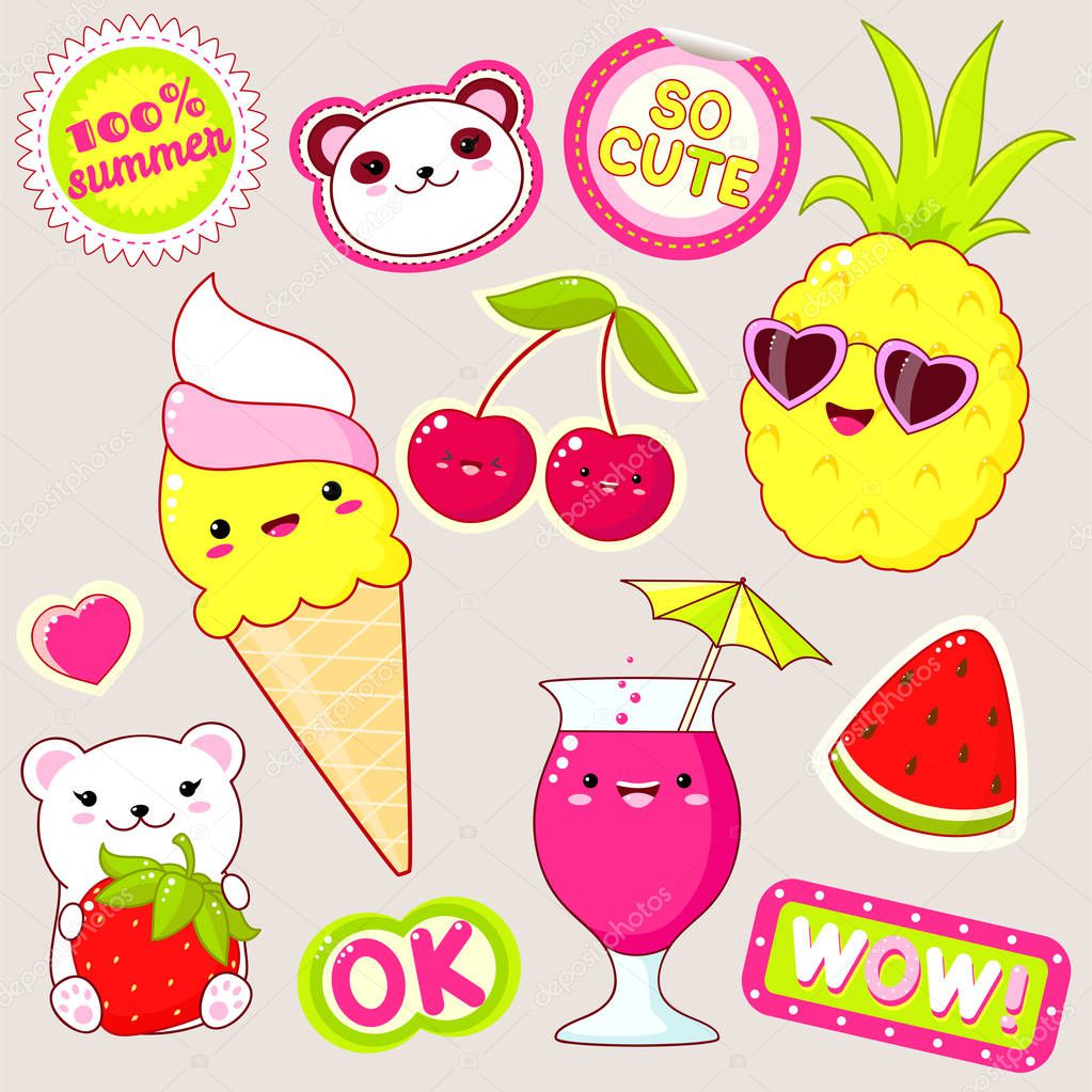 Set of cute icons in kawaii style. Polar bears with strawberry, ice cream, pineapple in sunglasses, cherry, glass of juice, sticker with inscription ok, 100% summer, so cute, wow. EPS8