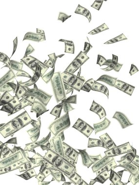 Yüz dolarlık banknotlar uçan. Beyaz arka plan üzerinde izole. 3D render