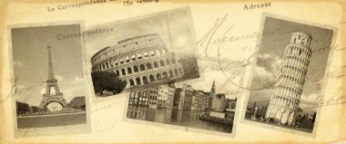 Vintage seyahat Avrupa yerlerinden retro fotoğraflarla arka plan. Eyfel Kulesi Paris, Pisa Kulesi, Kolezyum, Roma, eski Amsterdam'da ev sahipliği yapmaktadır. Eski kağıt dokusu ile kartpostallar